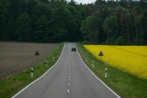 A rural road flanked by lush fields and forest with a single car driving along.